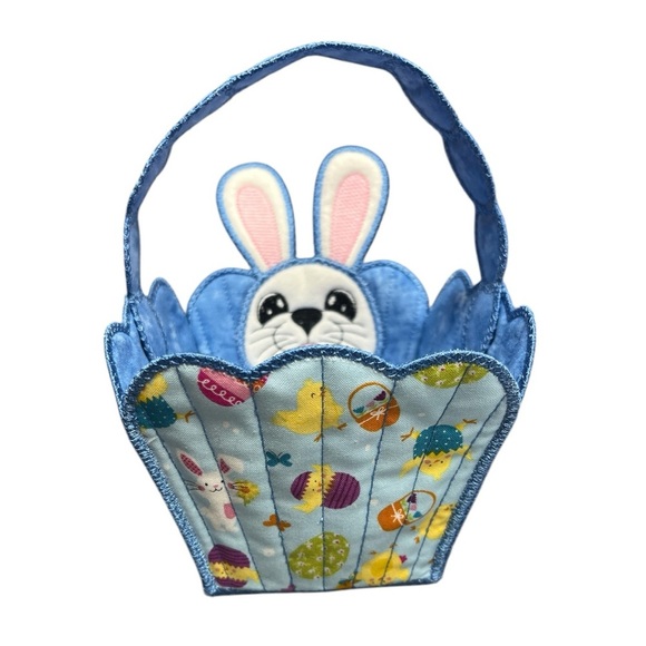 Hand Crafted Easter Basket Bunny with Handle Rabbit Embroidered Blue Kids Toy - Picture 5 of 17